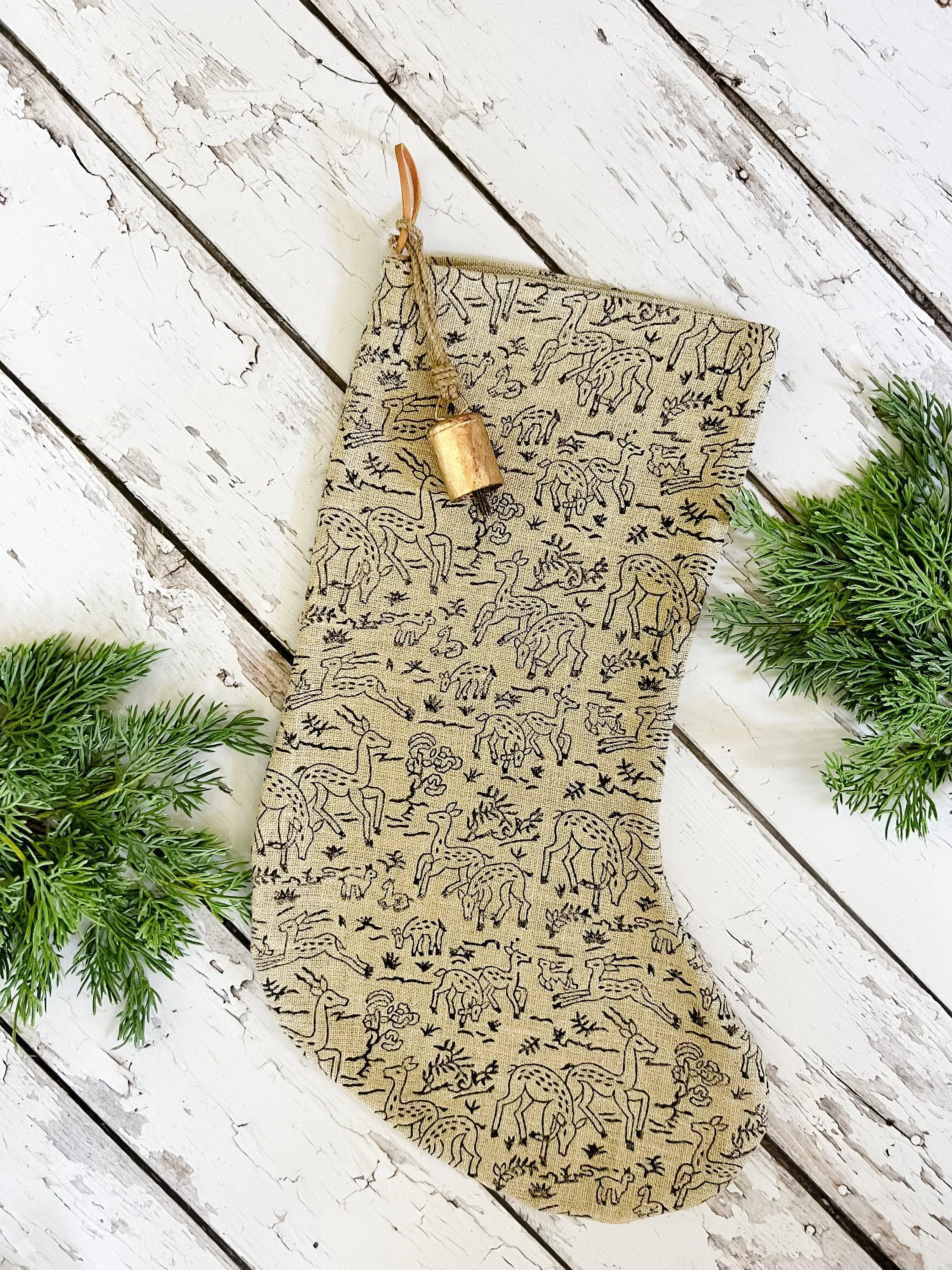 Vintage Inspired Reindeer Linen Print Christmas Stockings