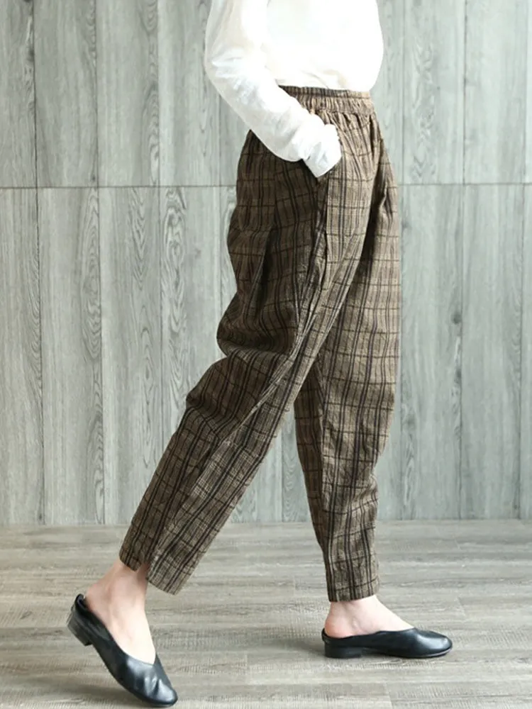 Vintage Plaid High Elastic Waist Women Pants