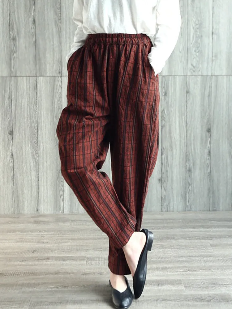Vintage Plaid High Elastic Waist Women Pants