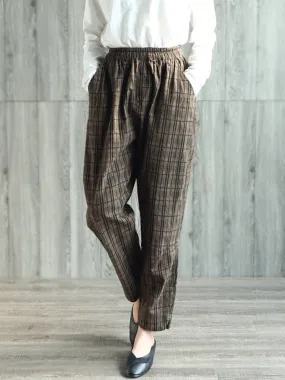 Vintage Plaid High Elastic Waist Women Pants