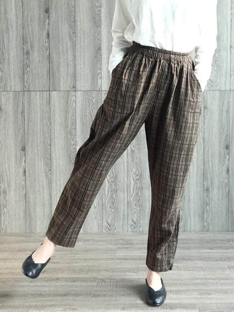 Vintage Plaid High Elastic Waist Women Pants