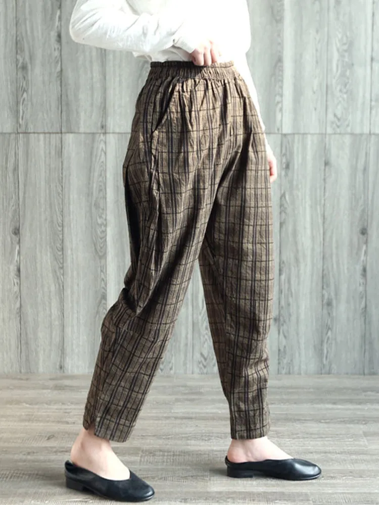 Vintage Plaid High Elastic Waist Women Pants