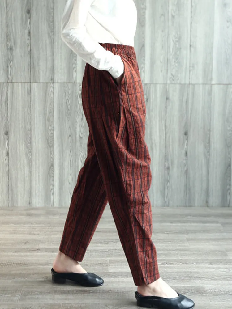 Vintage Plaid High Elastic Waist Women Pants