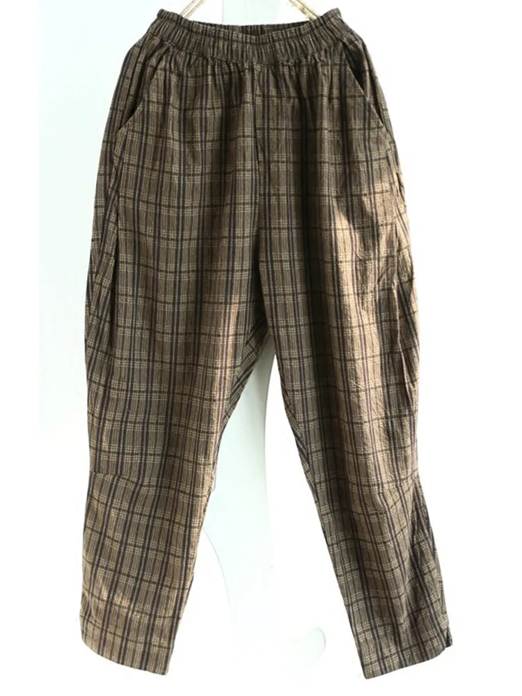 Vintage Plaid High Elastic Waist Women Pants