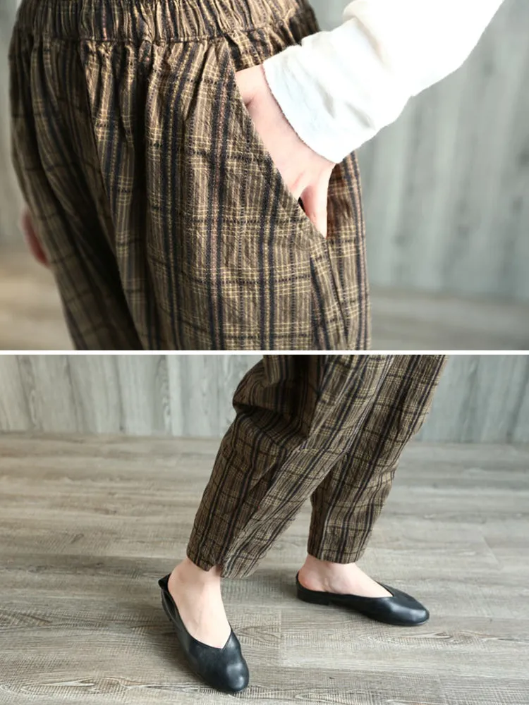 Vintage Plaid High Elastic Waist Women Pants
