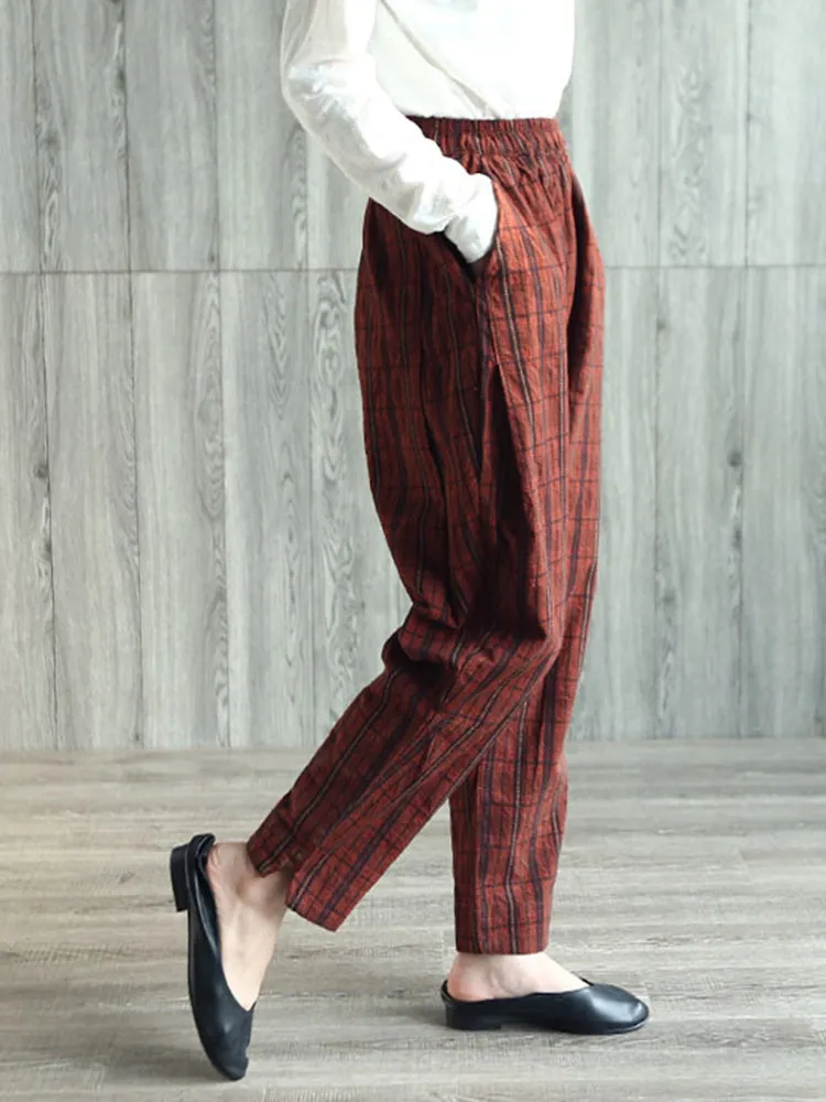 Vintage Plaid High Elastic Waist Women Pants