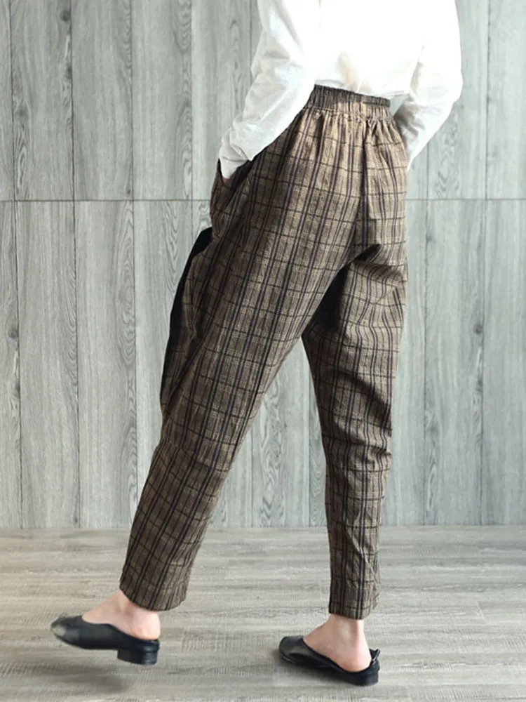 Vintage Plaid High Elastic Waist Women Pants