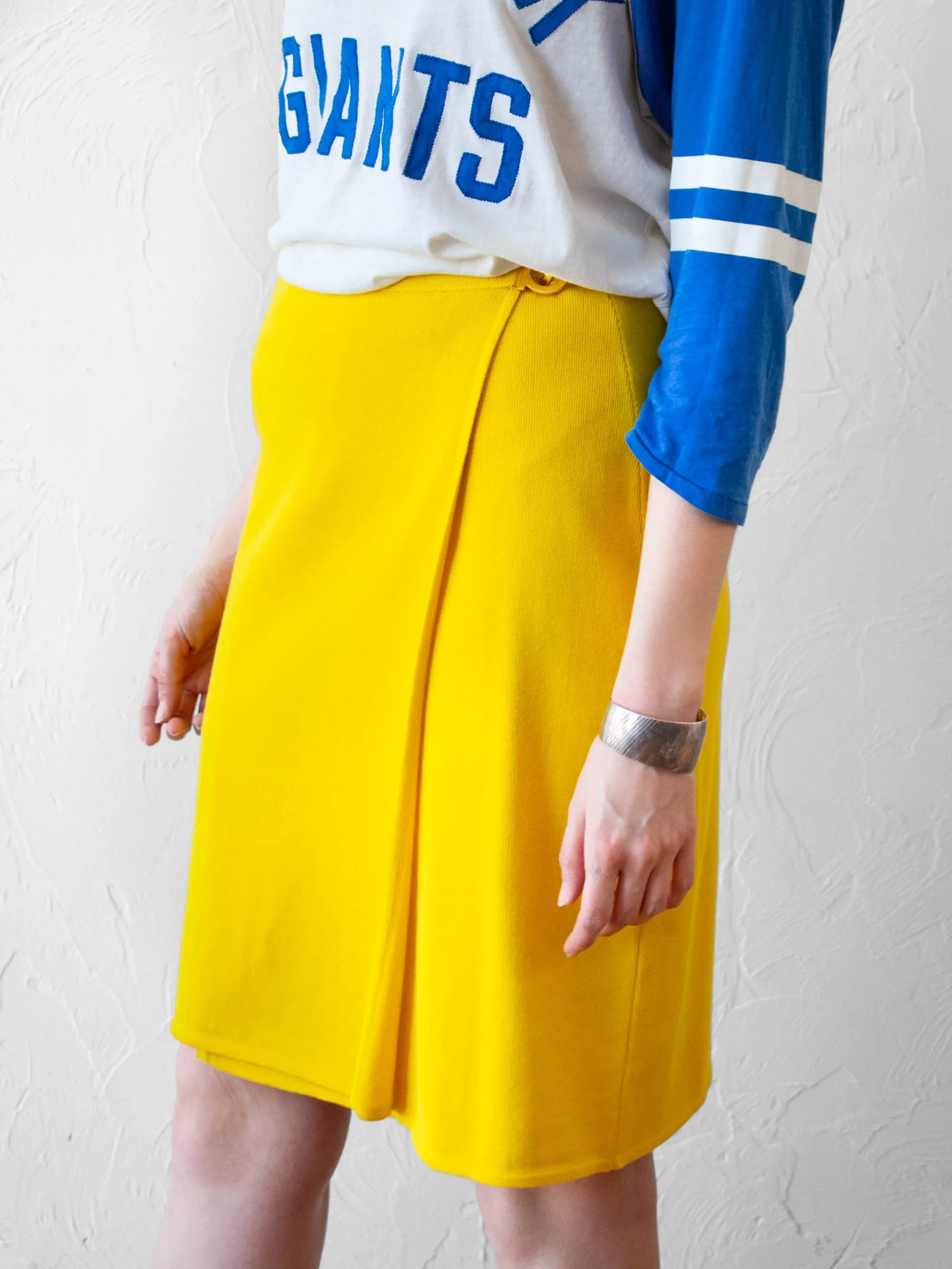 Vintage Salvatore Ferragamo Yellow Knit Wrap Skirt with Gold Clasp S/M