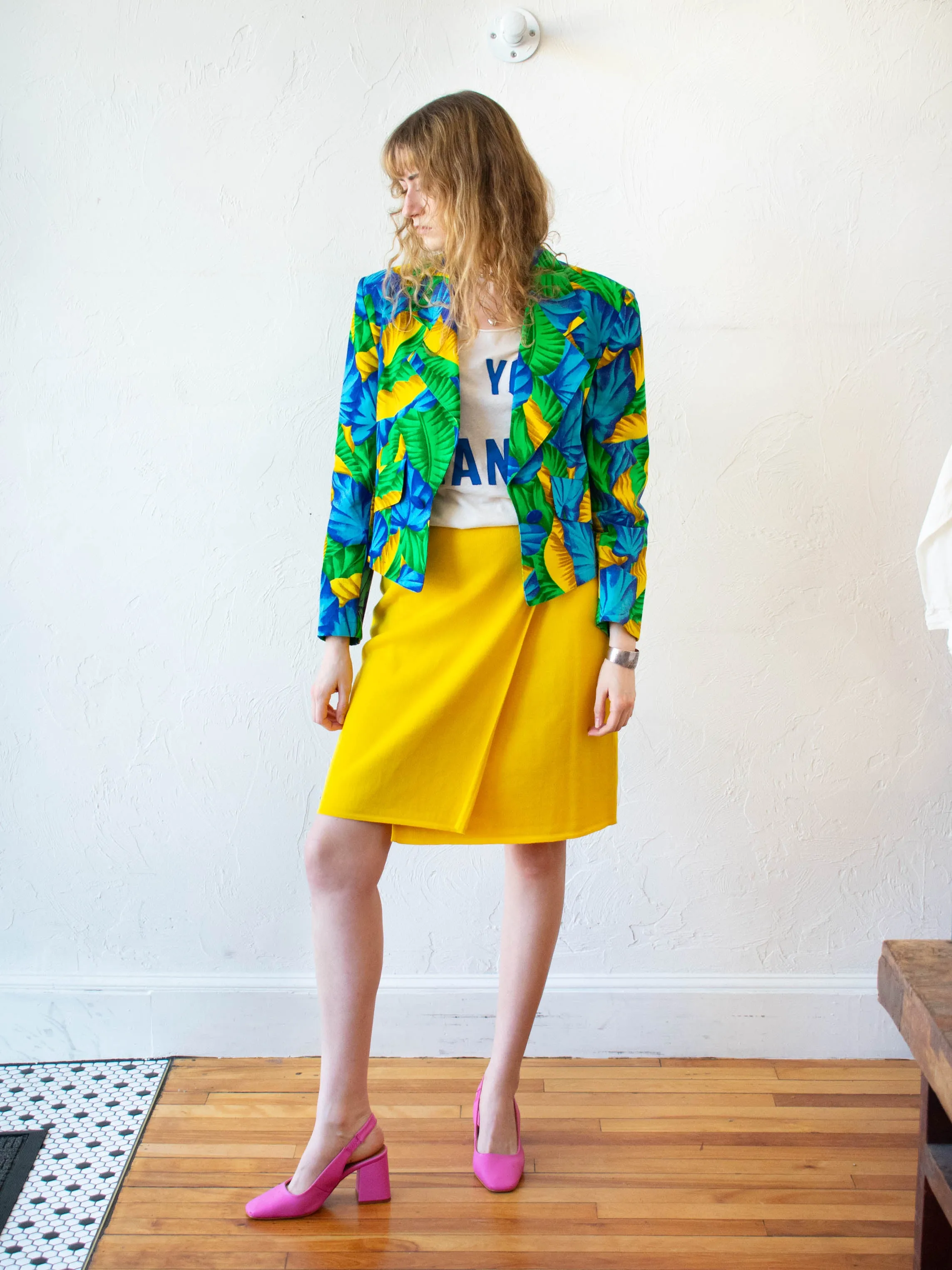 Vintage Salvatore Ferragamo Yellow Knit Wrap Skirt with Gold Clasp S/M