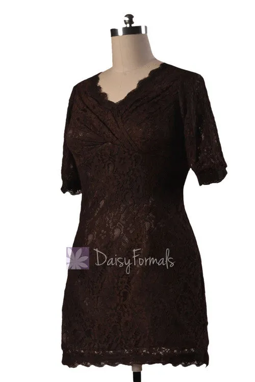 Vintage Short V-neck Lace Party Dress Strong Coffee Bridesmaid Dress(BM2531)