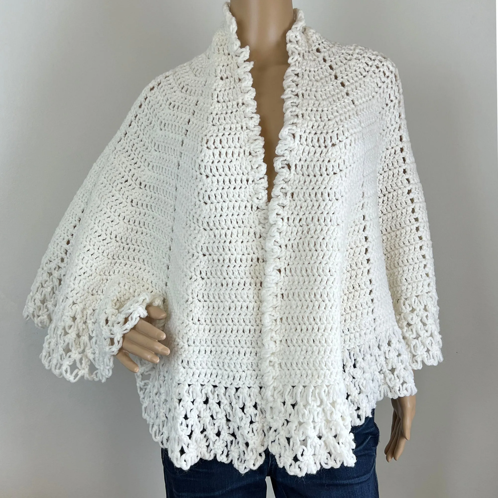 White Crochet Knit Shawl - Handmade by Margaret - Vintage, One Size
