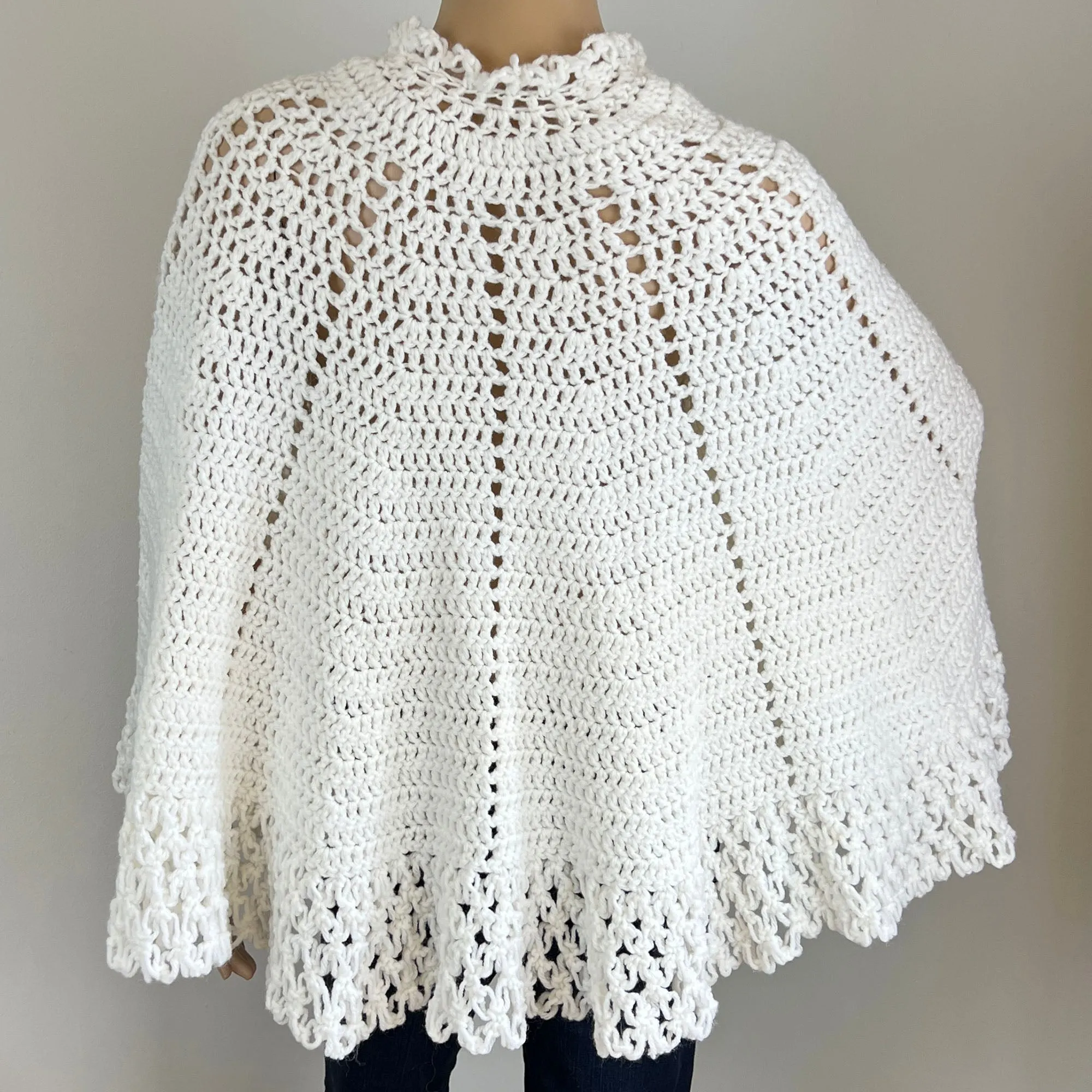 White Crochet Knit Shawl - Handmade by Margaret - Vintage, One Size