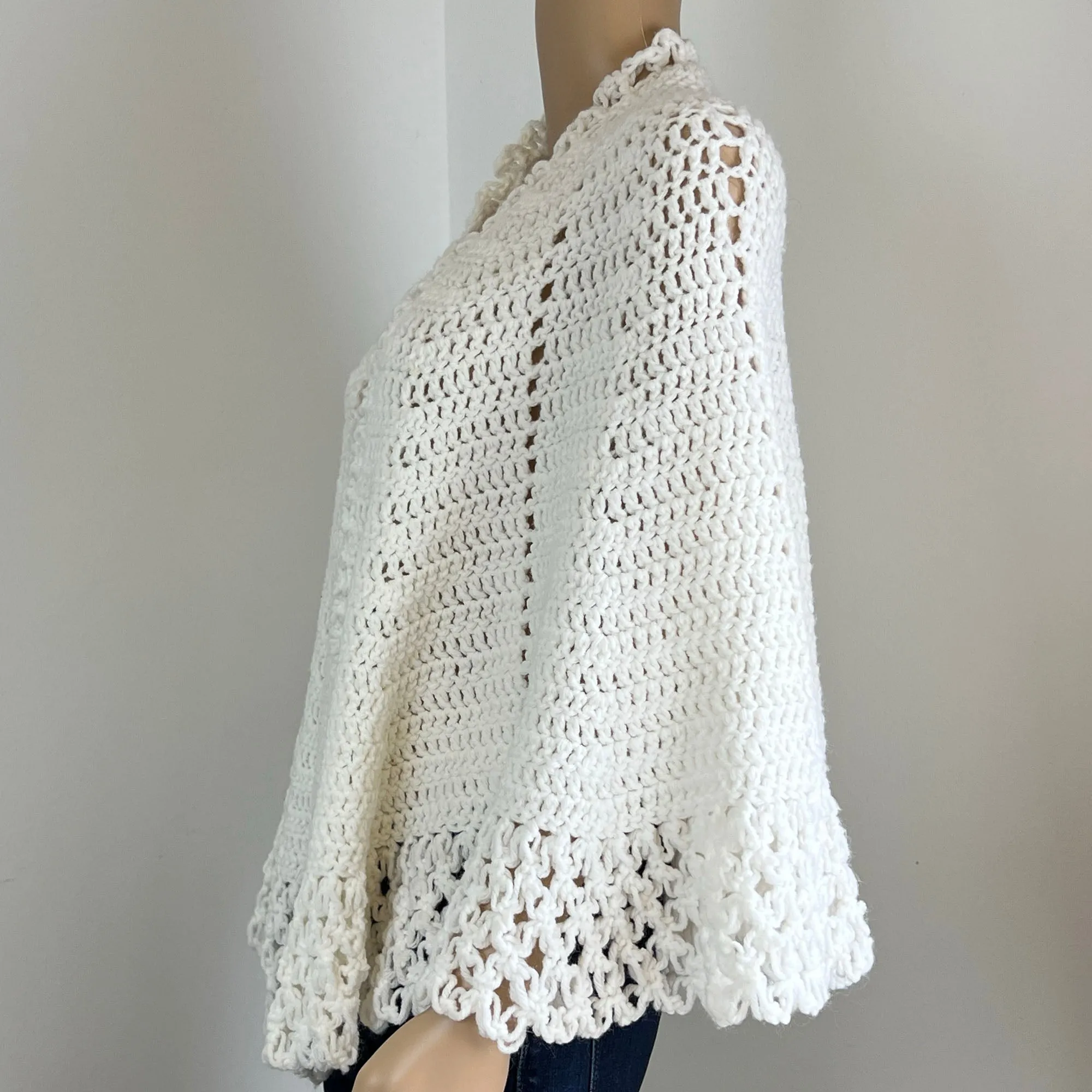 White Crochet Knit Shawl - Handmade by Margaret - Vintage, One Size