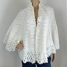 White Crochet Knit Shawl - Handmade by Margaret - Vintage, One Size
