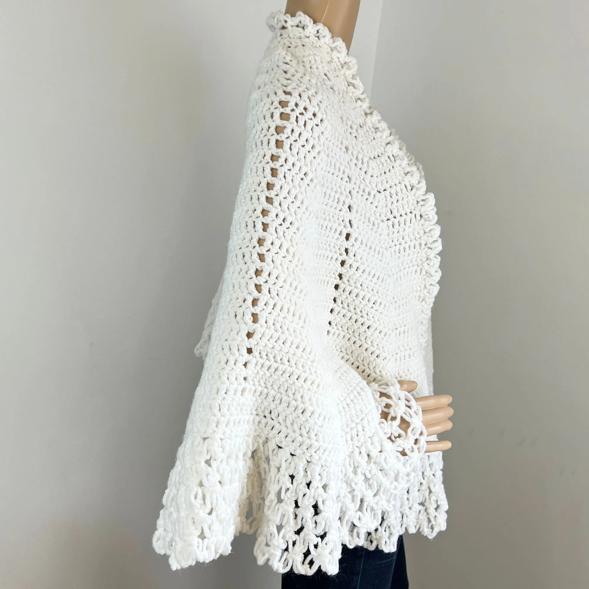 White Crochet Knit Shawl - Handmade by Margaret - Vintage, One Size